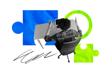 Composite photo collage of anonym businessman sit workplace table chair laptop problem work fail tiredness isolated on painted background