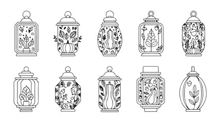Set of ten intricate decorative lanterns for ramadan and eid celebrations line art silhouette