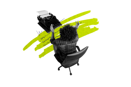 Creative trend collage of stressed female write novel typewriter weird freak bizarre unusual fantasy