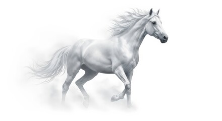 Obraz premium A majestic white horse gallops through a misty, ethereal landscape, its mane and tail flowing dynamically.