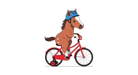 Obraz premium A cute cartoon horse wearing a blue helmet rides a red bicycle with training wheels.