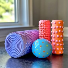 Close up of colorful massage balls and foam rollers on a wood floor for muscle recovery and physical therapy