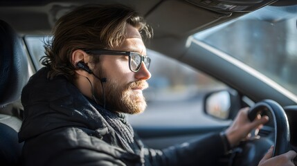 Man driving car listening to music with headphones and glasses in vehicle for transportation needs