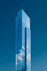 Obraz premium Striking futuristic steel skyscraper rising tall against a clear blue sky in a minimalist setting