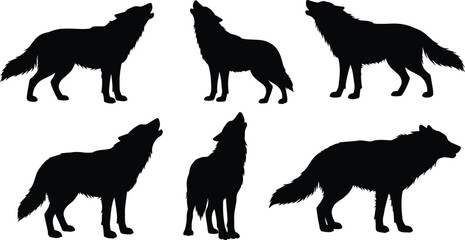 Wolf silhouettes, howling wolves illustration, diverse posture design, black and white art, wild animal figure, forest concept, predator stance, symbolic nature, night scene, wildlife graphic