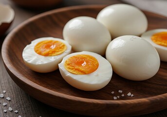 Close-up of boiled eggs served on wooden plate.
