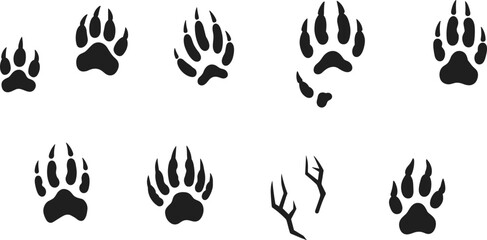 Wild Animal Paw Prints and Deer Tracks Silhouette Vector Set Featuring Bear, Wolf, Dog, and Hoof Marks for Nature Designs