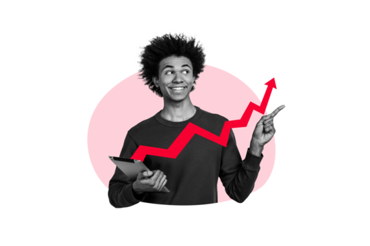 Composite photo collage of happy american guy hold ipad device arrow pointer career growth development isolated on painted background