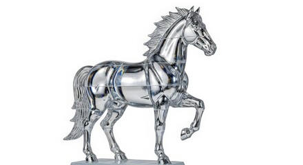 Fototapeta premium A highly polished chrome sculpture of a horse standing on a base, captured against a white background.