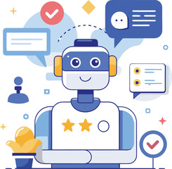 Artificial Intelligence Chatbot Collecting Customer Feedback &ndash; Flat Vector Illustration for Survey, Review, and User Experience Concept