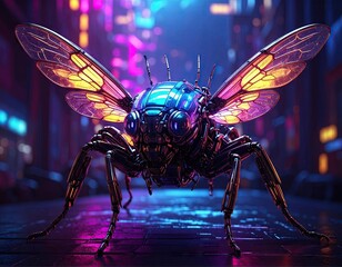 Fototapeta premium Cyberpunk Neon Beetle Crawling Futuristic City