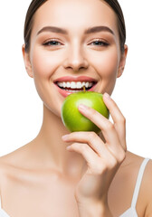Radiant caucasian woman, perfect white teeth, pink lips, holding green granny smith apple, extreme close-up on white background, concept of dental health and natural freshness.
