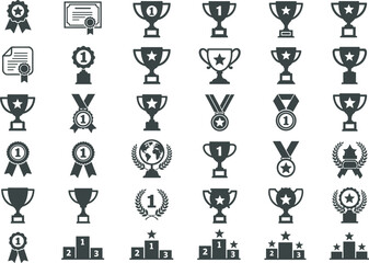 Trophy icons collection, award medal symbols, certificate illustration, championship prize design, achievement vector, victory celebration, winning competition, success recognition elements
