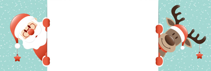 Banner Rentier Und Weihnachtsmann Mit Sternen Schnee Türkis