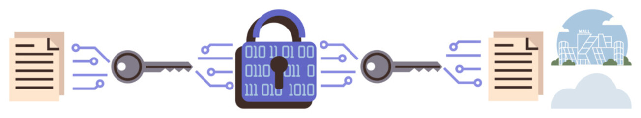 Digital padlock with binary code between keys and documents representing secure data encryption. Connected cloud storage for backup. Ideal for cybersecurity, privacy, technology, software, cloud