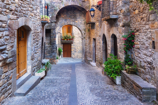 calle medieval de piedra con puertas en Arco, suelo adoquinado y macetas con flores y plantas en Ainsa Sobrarbe, Huesca, pirineo aragon&eacute;s, Spain