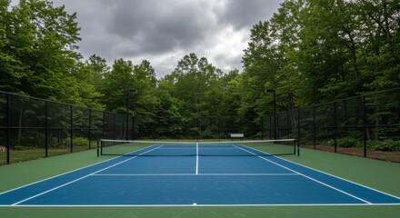 racket court with blue and white base in an empty yard