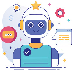 Artificial Intelligence Chatbot Collecting Customer Feedback &ndash; Flat Vector Illustration for Survey, Review, and User Experience Concept