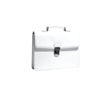 A pristine white leather briefcase, featuring a simple clasp and a subtly curved top handle, sits on a plain background