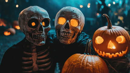 Skeleton Costumes with Glowing Masks and Jack-o'-Lantern in Dimly Lit Halloween Scene