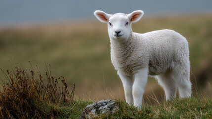 Fototapeta premium curious white lamb stands in grass on a mountain meadow. The soft wool, gentle gaze, and natural scenery convey innocence, wildlife, and rural calm in an open countryside setting.