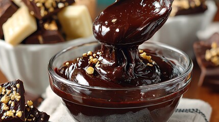 Delicious melted dark chocolate with crunchy nuts being spooned from a glass bowl on a rustic wooden table.