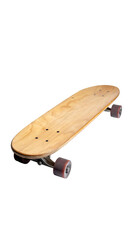 A light-wood skateboard with rounded edges, subtle concave, and dusky-red wheels rests on a black background