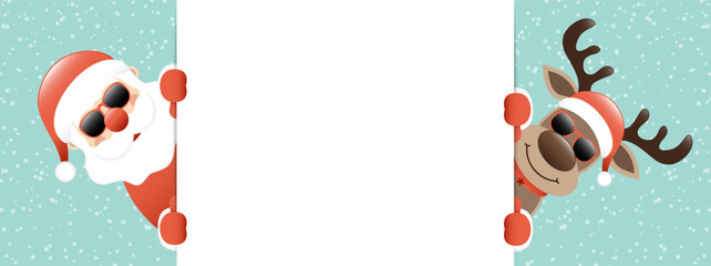 Horizontales Banner Weihnachtsmann Und Rentier Sonnenbrille Schnee T&uuml;rkis