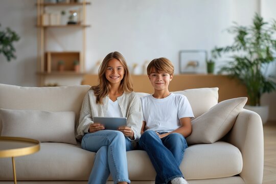 Caucasian siblings relaxing at home with digital devices on sofa