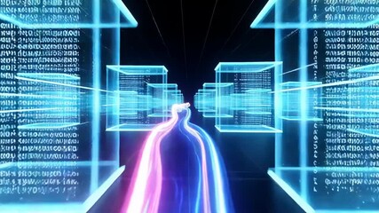 Abstract digital data stream flowing through a futuristic network grid with server racks and binary code - Powered by Adobe