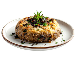 Creamy mashed potato dome, topped with saut?ed mushrooms and rosemary, served on a minimalist plate with peppercorns