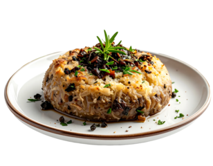 Creamy mashed potato dome, topped with saut?ed mushrooms and rosemary, served on a minimalist plate with peppercorns