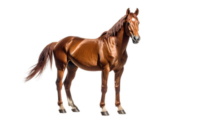 Fototapeta premium Chestnut horse, standing, facing right, sleek coat, long mane and tail, detailed hooves, dark eyes, muscular build, isolated on black background