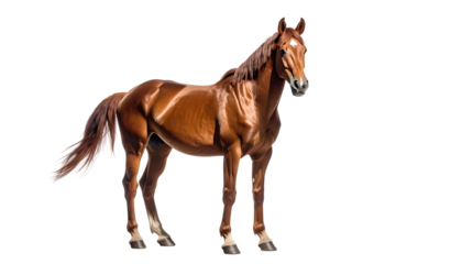 Chestnut horse, standing, facing right, sleek coat, long mane and tail, detailed hooves, dark eyes, muscular build, isolated on black background