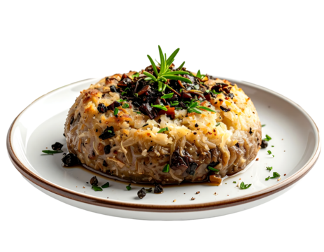 Creamy mashed potato dome, topped with saut?ed mushrooms and rosemary, served on a minimalist plate with peppercorns