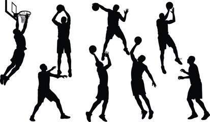 Basketball player silhouettes, dynamic action poses, dunk dribble shoot illustration, black and white design, sports art, athletic movement, fitness concept, competitive game, modern graphic