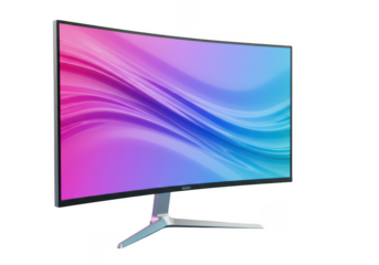 Curved gaming monitor with colorful screen isolated on transparent background