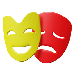 3D Rendering Yellow and Red Dramatic Theatre Mask Isolated on Black