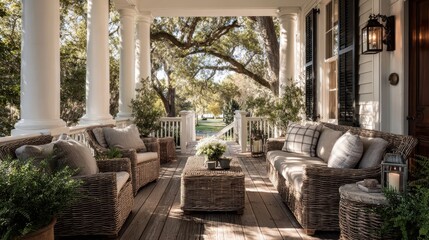Inviting porch with wicker furniture and white pillars on a sunny day. Perfect for promoting relaxing outdoor spaces and home design styles.