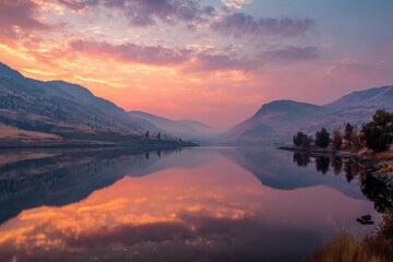 Fototapeta premium Calm lake reflects the colorful sunset with mountains on a hazy horizon. Perfect for travel blogs, promoting peace, or nature inspired projects.