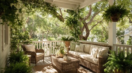 Wicker furniture sits on a porch surrounded by lush greenery and white flowers. It shows a calming and inviting outdoor space for relaxation and nature.