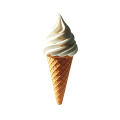 A soft-serve ice cream cone, creamy white swirls atop a crisp, light-brown waffle cone, isolated on black