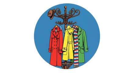 Vibrant collection of coats and a hat hanging on a coat rack, a welcoming scene perfect for home decor, lifestyle designs, or illustrative projects seeking warmth and style