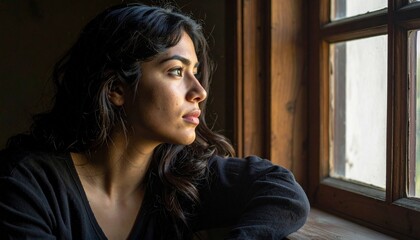 Fototapeta premium Pensieve Woman Gazing Through a Window