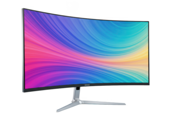 Curved gaming monitor with colorful screen isolated on transparent background