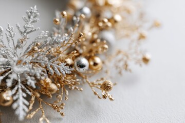 Delicate wreath of golden Christmas decorations hangs on the white wall. Magic and joy festive celebrations during the winter season. Elegant gold and silver Ornaments beautifully decorated setting.