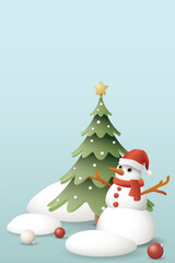 3D cute snowman, decorated Christmas tree and snowdrift with light blue vertical background graphic illustration have blank space.