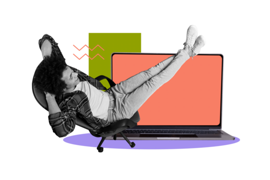 Creative collage picture young man remote job worker laptop screen monitor device lying armchair rest relax task done complete