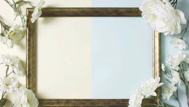 A meticulously framed artwork, embraced by an arrangement of pristine white flowers. The image is a clean, well-lit composition. 