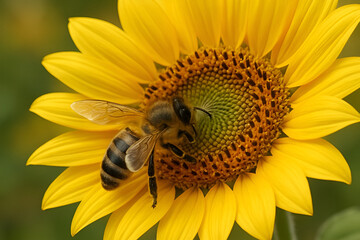 Beautiful Close-Up of a Honeybee Collecting Nectar from a Vibrant Sunflower – Nature’s Pollination Process in Stunning Detail with Natural Colors and Soft Background.